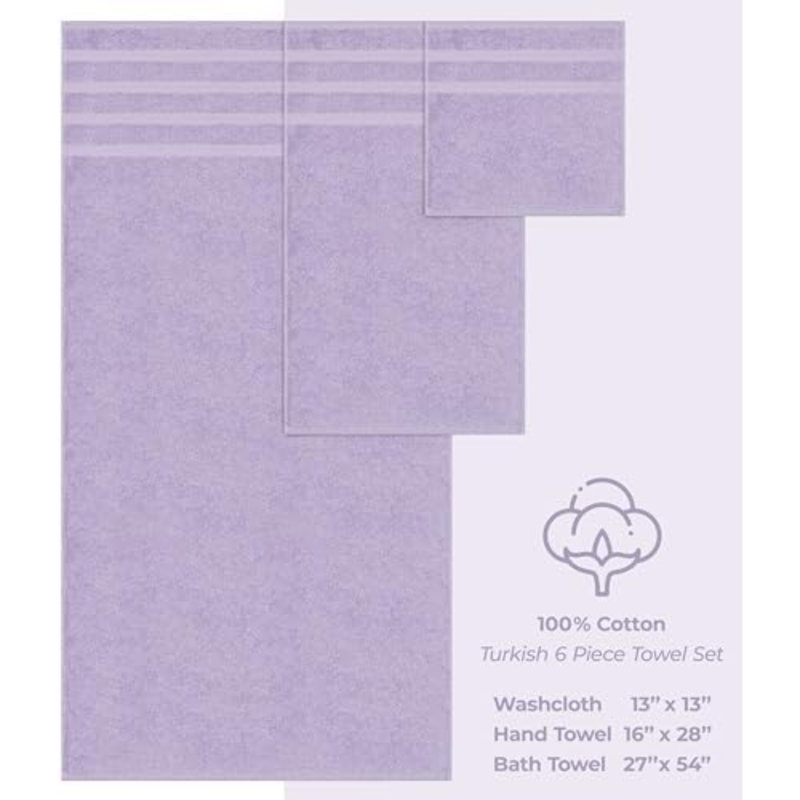 Soft Linen Luxury 6 Piece Towel Set, 2 Bath Towels 2 Hand Towel 2 Washcloths, 600 GSM 100% Cotton Turkish Towels For Bathroom, Lilac Towel Sets