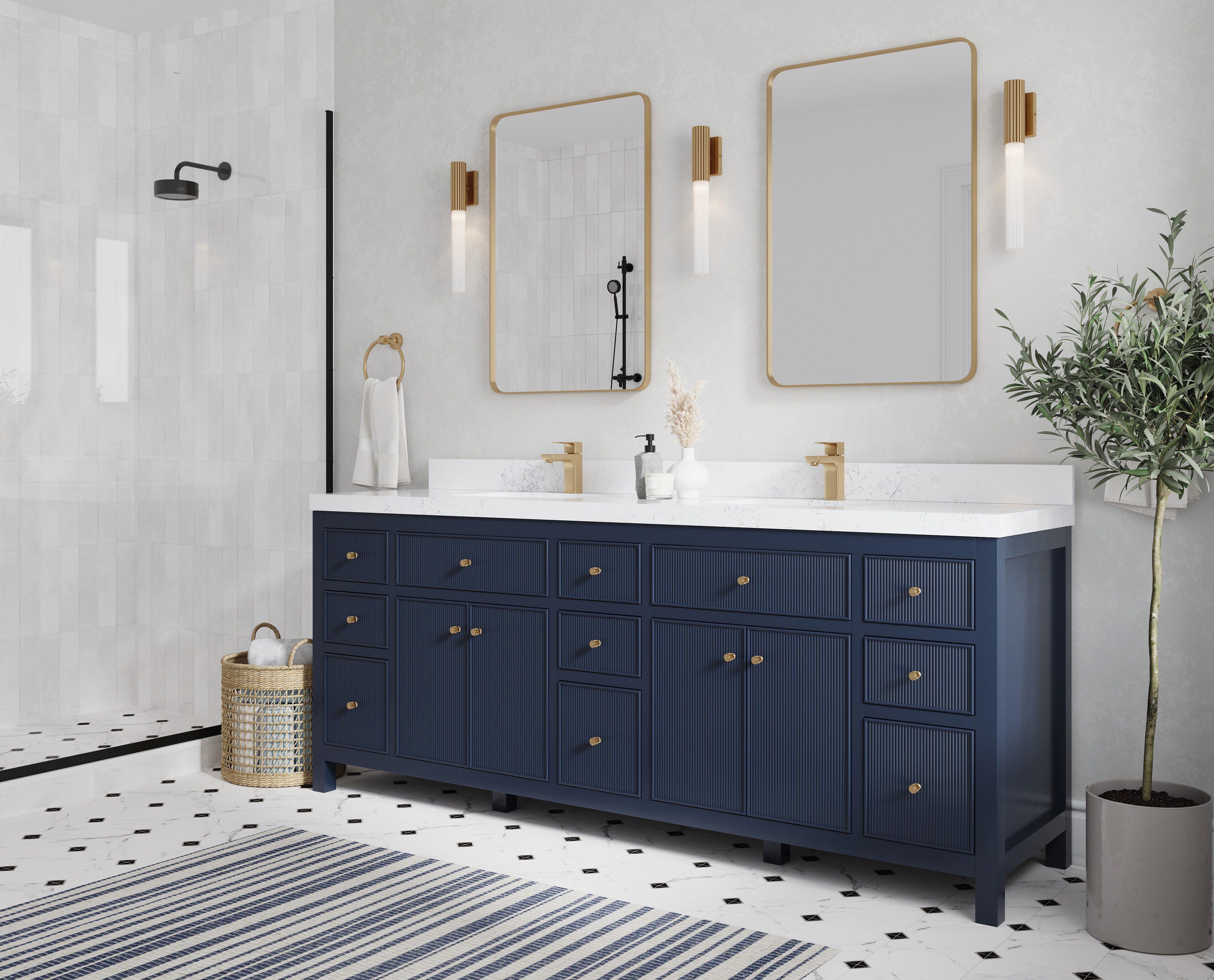 Deep Blue Bathroom with Brass Fixtures