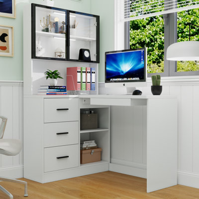 Bureau d'ordinateur en L avec tiroirs. Étagère de rangement et armoire