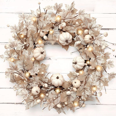 Couronne d'automne lumineuse pliable de 26 po avec feuilles d'érable et citrouilles, décor de récolte de l'Action de grâce campagnarde pour l'intérieur et l'extérieur