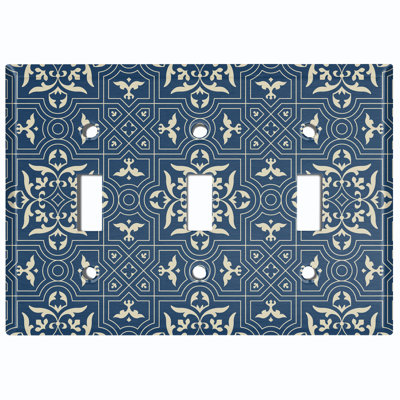 Metal Light Switch Plate Outlet Cover (Vintage Beige Blue Elegant Tile Pattern - Single Toggle)