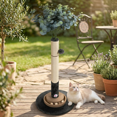 35-Inch Cat Scratching Post Tree Tower with Hanging Ball & Interactive Mouse Toy, Eucalyptus Sisal Rope, Beige