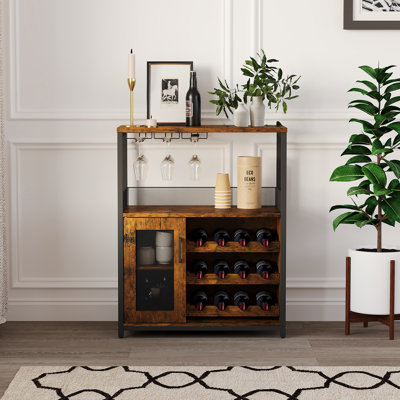 3-Tier Wine Bar Cabinet with LED Lights & Wine Rack, Liquor Cabinet with Storage, Coffee Bar Cabinet with Glass Holder & Mesh Door, Sideboard Buffet B