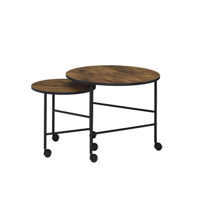 Lorene Industrial 3-Leg Round Nesting Table Set with with Caster-Wheels in Vintage Oak