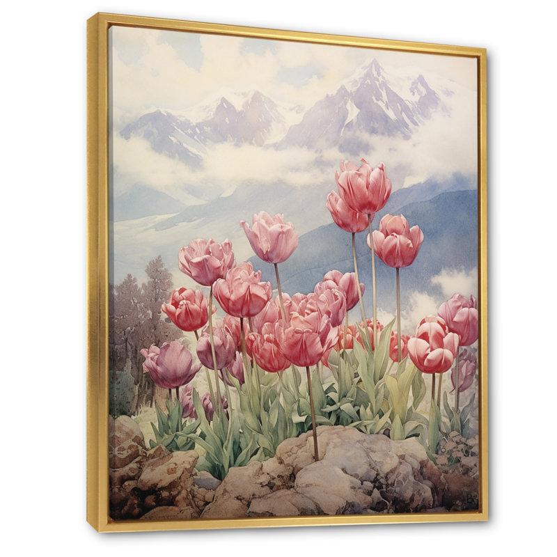 «Retro Blooming Retro Tulips Mountain Flowerfield» sur toile, H 44 po x l 34 po x P 1,5 po, Cadre flottant doré