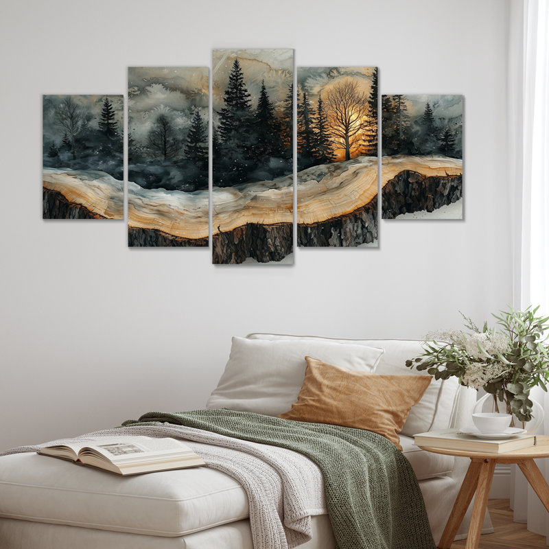 Arbre 4 saisons dans un paysage de forêt I - Art mural forêt - ensemble d'art mural traditionnel 5 pièces