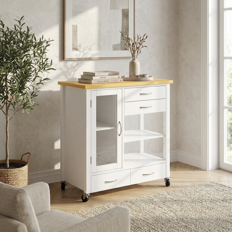 Versatile White Kitchen Island Cart with Walnut Wood Top, Rolling Storage Cabinet on Wheels Featuring Drawers and Towel Bar