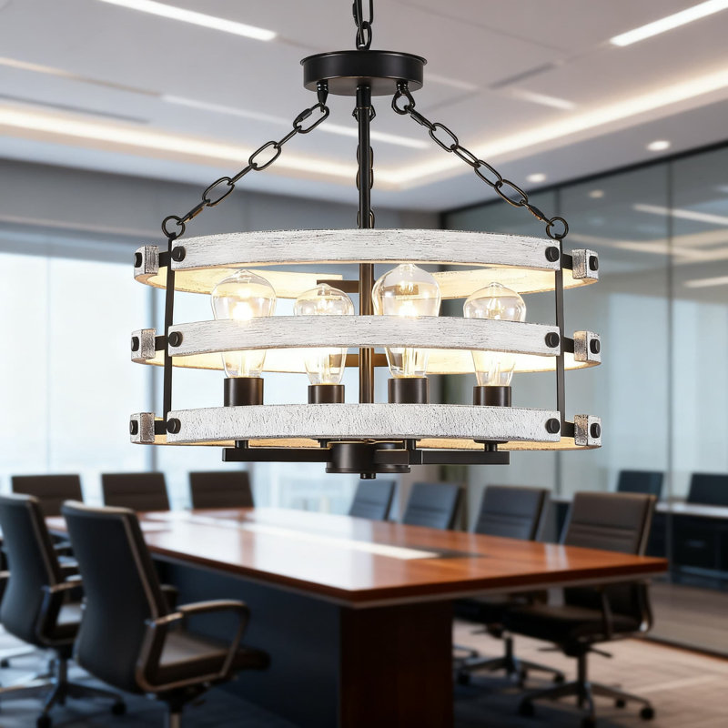 Lustre rustique de style campagnard avec luminaire suspendu tambour blanc de 18,89 pouces avec 4 lumières pour îlot de cuisine de vestibule, chaîne réglable