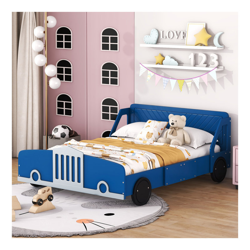 Lit plateforme double en forme de voiture avec roues, bleu, Lit double, Bleu