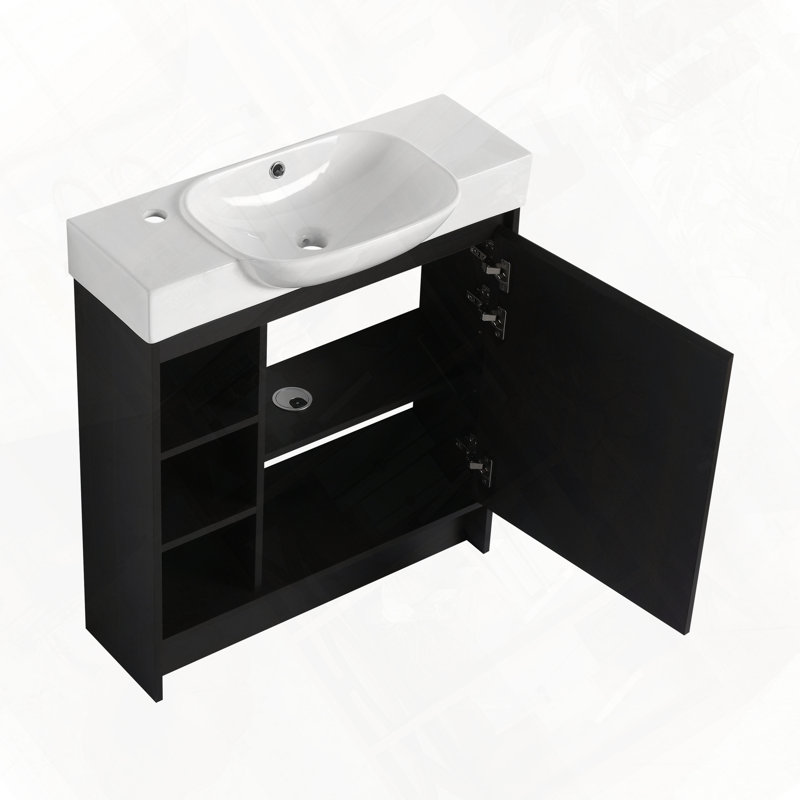 Meuble-lavabo autoportant avec évier en céramique, Chêne foncé