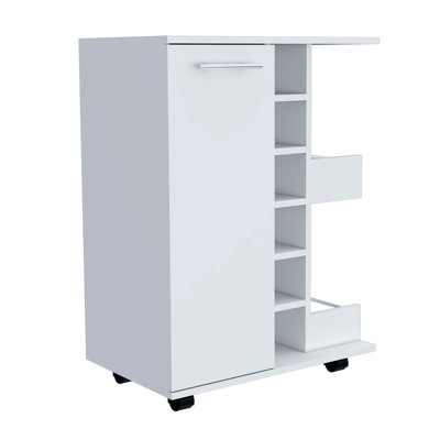 Bar Cart, One Cabinet With Division, Six Cubbies For Liquor, Two Shelves