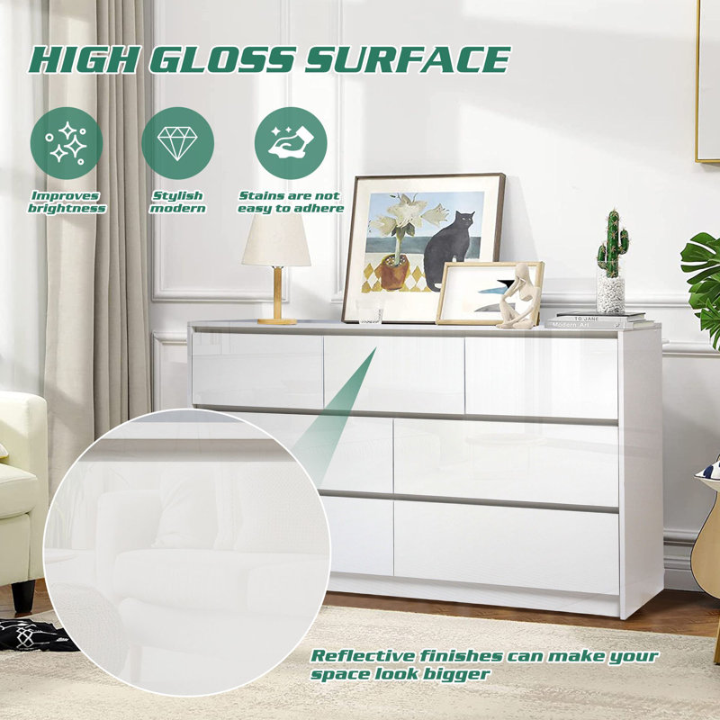 White Double Dresser for Bedroom, Modern 7 Drawers High Gloss Chest of Handle-Free Drawers with Storage, Wooden Wide Storage Organizer Cabinet Dressers