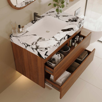 Meuble-lavabo moderne flottant avec comptoir en faux marbre et lavabo encastré en céramique, fixé au mur pour les petites salles de bain et les appartements