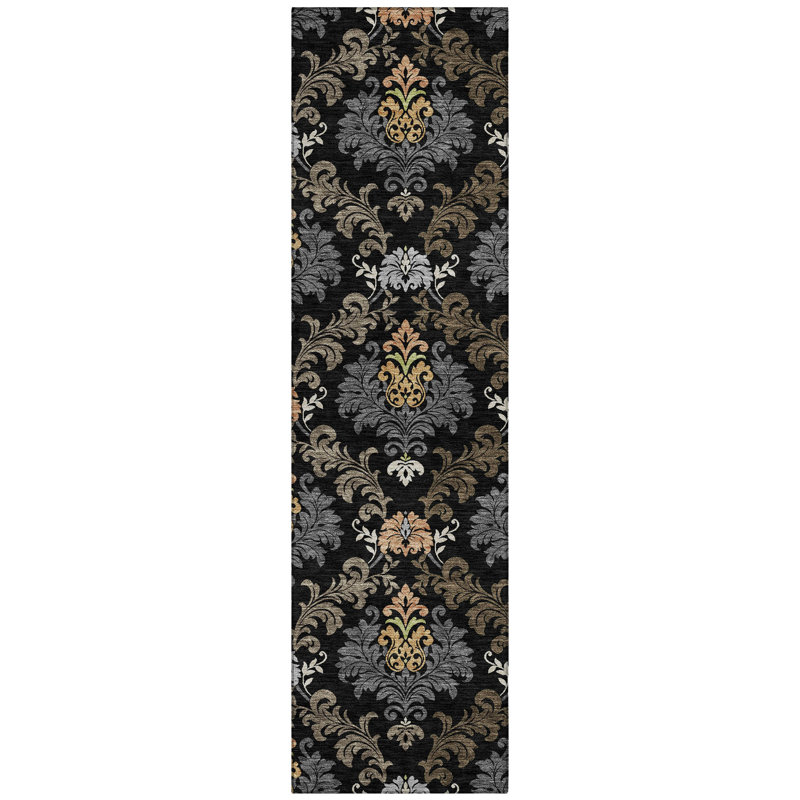 Machine Washable Indoor/Outdoor Chantille ACN2544 Damask Rug, Runner 2'3" x 7'6", Black