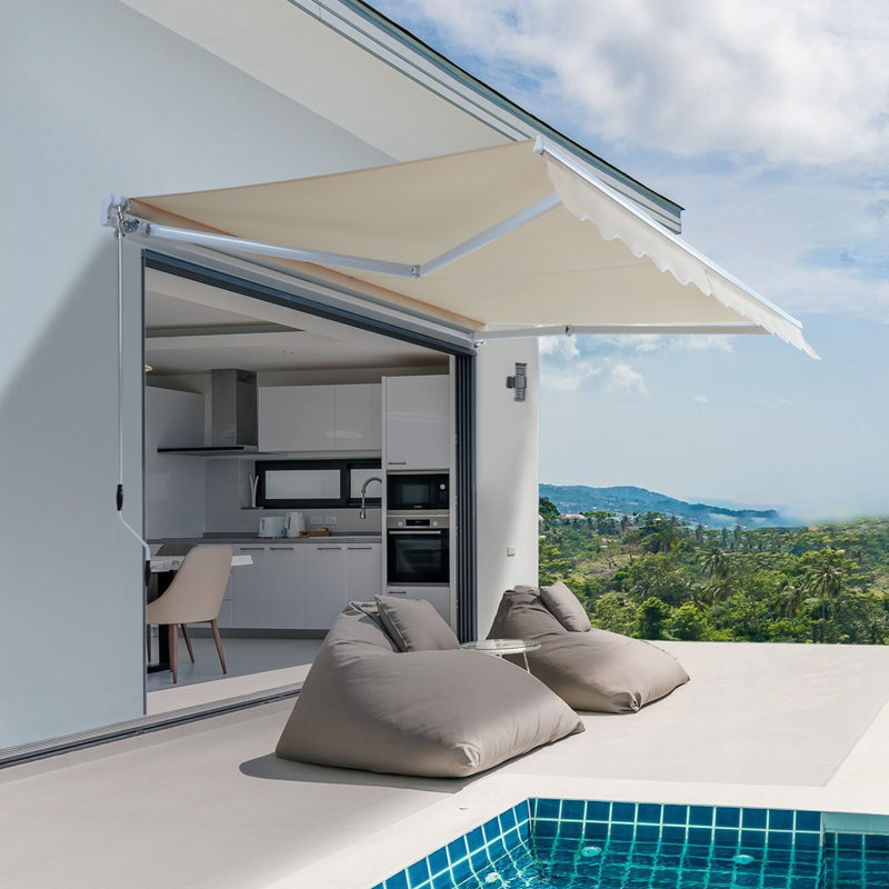 Canopee Retractable Patio Awning Sun Shade Awning with Manual Crank Handle 300g Polyes, 5.91" H x 118.11" W x 98.43" D, Beige