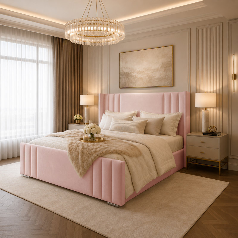 Upholstered Velvet Bed, Kingsize (5'), Pink