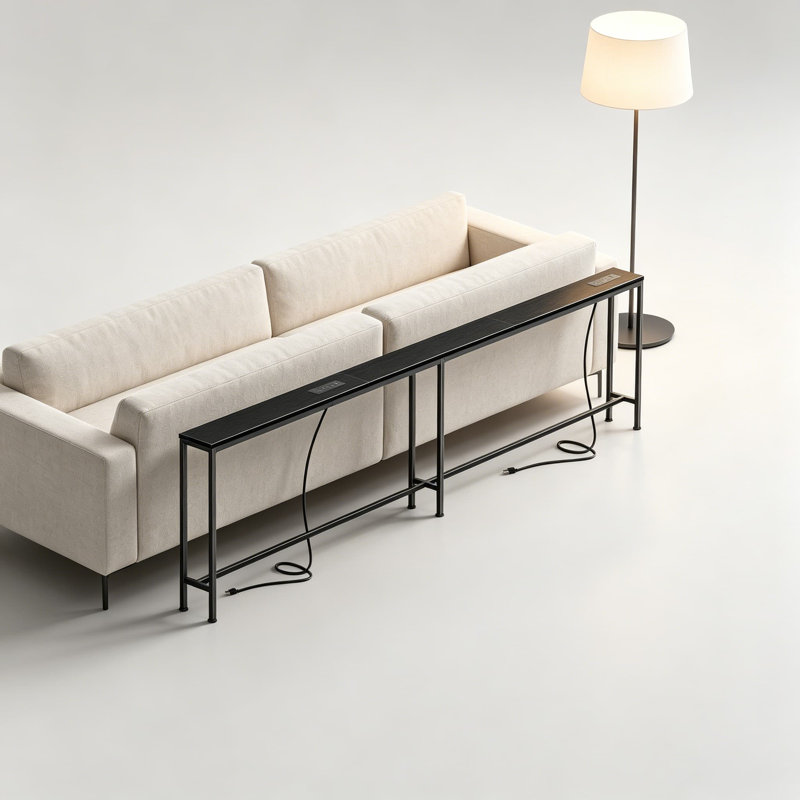 Extra-Long Narrow Console Table With Built-In Power Strips, USB-C Charging, And Storage, Sturdy Single-Piece Design For Behind Sofa, Entryway, And Small Spaces