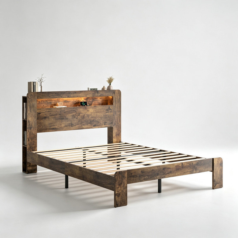 Lit plateforme en bois brun foncé de taille Queen – Amélioré avec une tête de lit de rangement éclairée par DEL et deux ports de chargement USB, avec un fonctionnement silencieux, sans sommier requis, un assemblage simple et une grande capacité de rangement sous le lit.