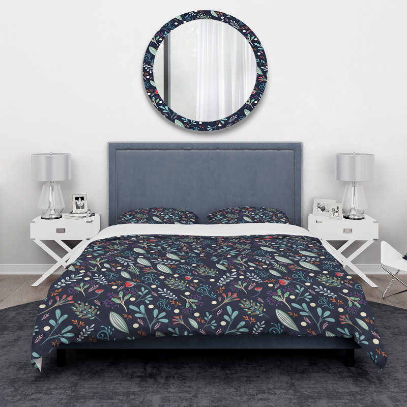 Sparkling Forest Leaves on Dark Blue - Eclectic Nature Duvet Cover Set - Microfiber Polyester, Twin Duvet Cover + 1 Sham