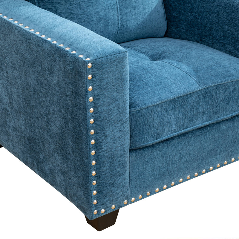 Lake Blue Flannelette Nailhead Trim Three-Seat Sofa, 34" H x 79.5" W x 34" D