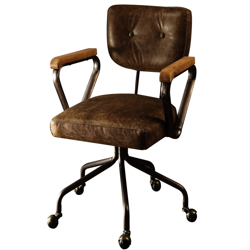 Élégante chaise de bureau de style rétro - Revêtement en cuir et garniture cloutée charmante avec pivot confortable
