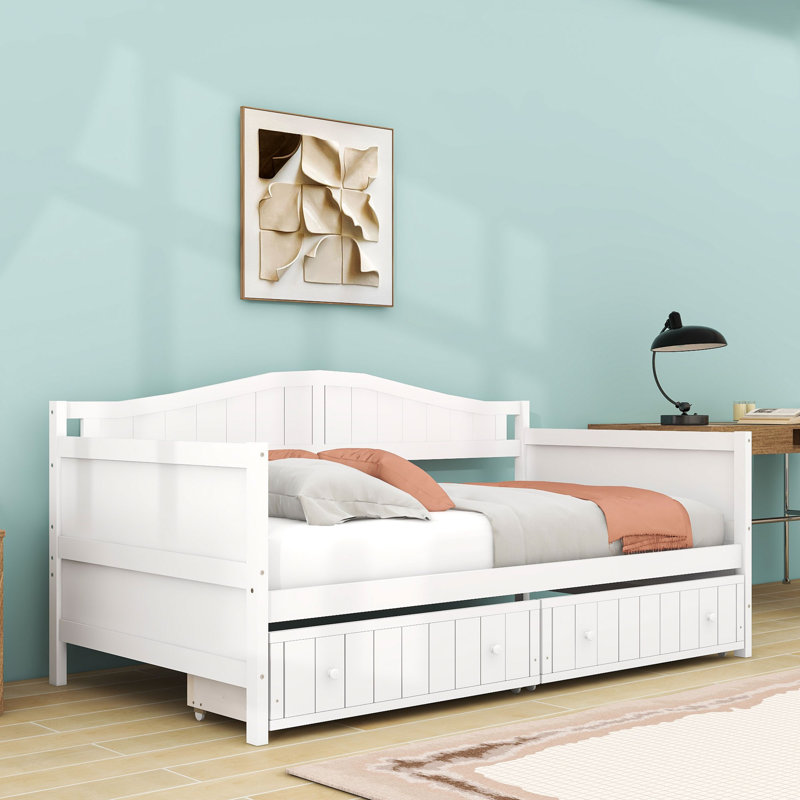 Twin Wooden Daybed with Arched Silhouette and Storage Drawers, White