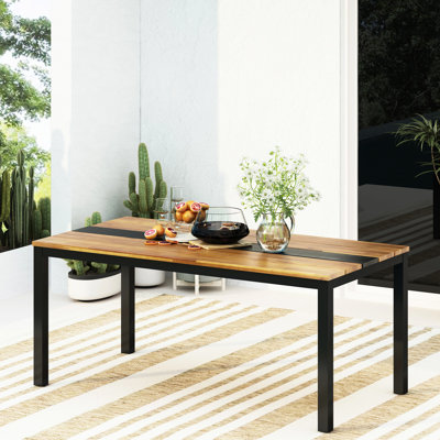 Table de salle à manger avec structure thermolaquée et plateau en bois, coloré, 69 po de profondeur, 35 po de largeur, 29,5 po de hauteur, conception à lattes classique, style industriel moderne, table à assembler, look, éléments extérieurs
