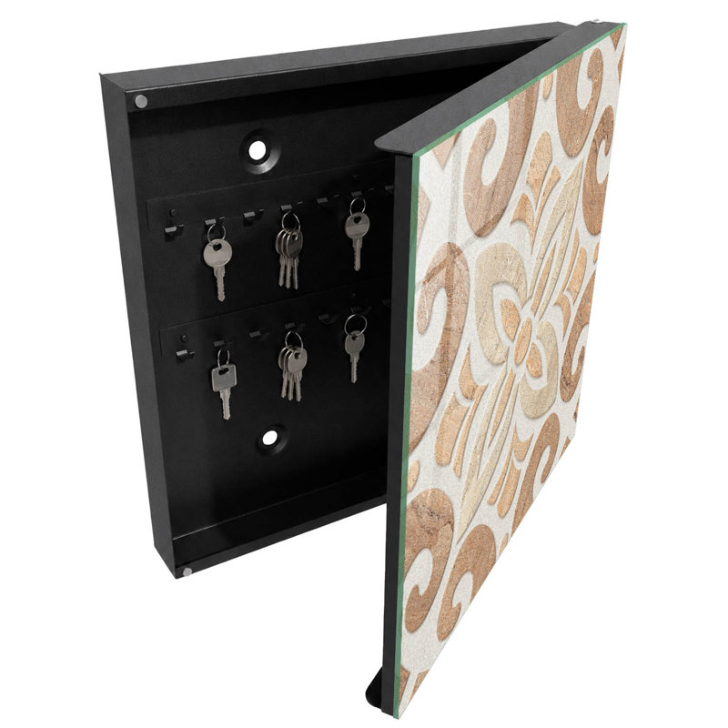 Key box for wall, Opens to the right, 30x30x5, Black, Geometric pattern in shades of beige and brown, 