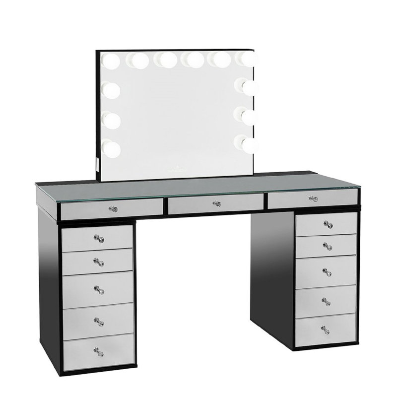 Bureau de maquillage avec miroir de coiffeuse Slay Station Pro 2.0, meuble-lavabo lumineux avec 5 tiroirs, Noir pro