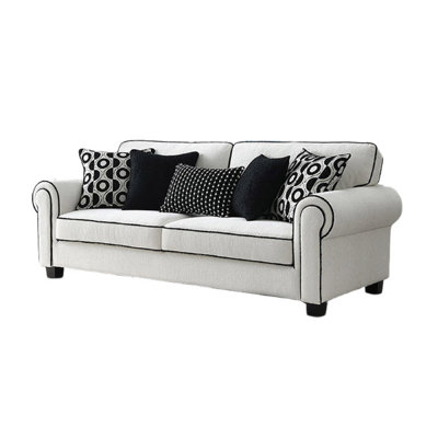Viani Sofa, Roll Arms, Flange Trim, 5 Pillows, White Chenille 87 Inch