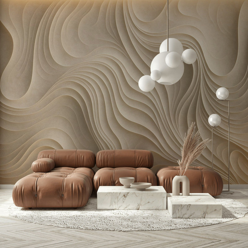 Beige Abstract Wallpaper 3D Wavy Minimalist Wall Mural, 140" W x 108" L