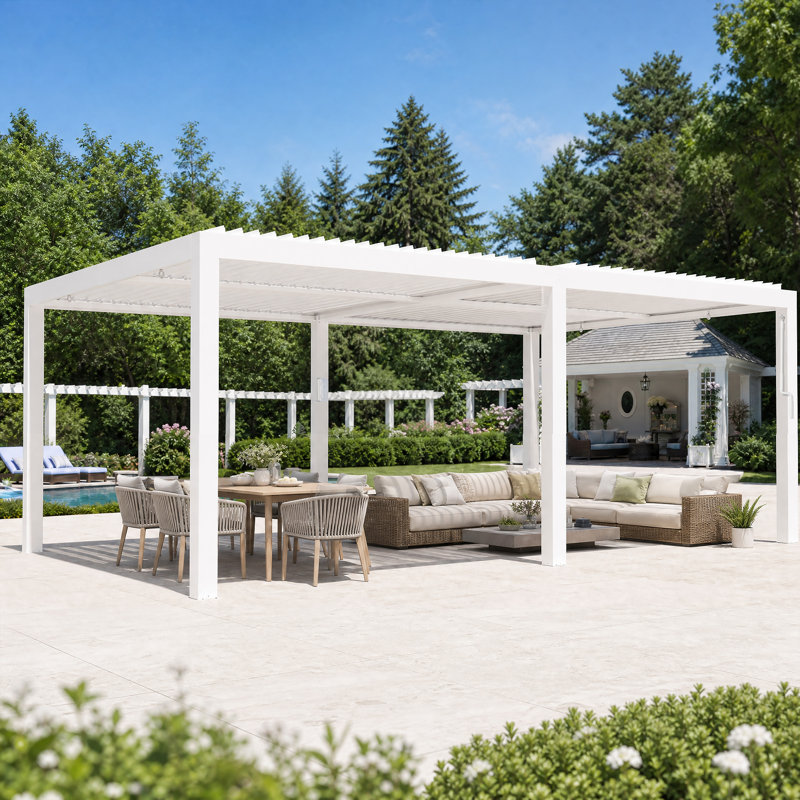 Pergola à persiennes 12 'x 16' avec double couche réglable, système de gouttière intégrée et prise de recharge USB Aurora