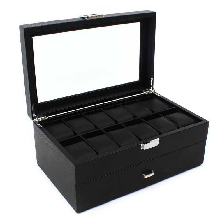 Jewelry Watch Display Box 24 Slots 2-Layer Mens Case Glass Top Organizer Gift