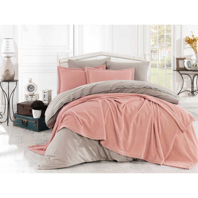 Ensemble de housse de couette 100% coton saumon / brun 3 pièces Cooley