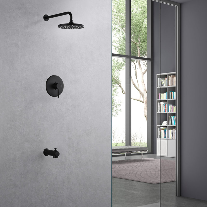 Kree Collection Shower System: 8" Round Shower Head, Single Handle Set, Tub Spout, & Rough-in Valve Included - Matte Black