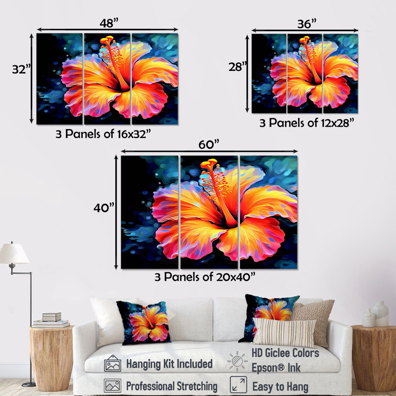 «Vibrant Hibiscus In The Tropical Allure», ensemble d'art mural sur toile Hibiscus, H 40 po x l 60 po x P 1 po
