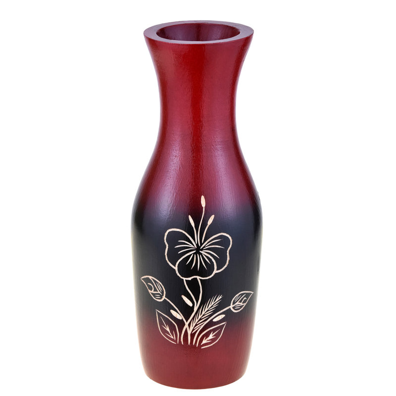 Vase en bois d'hibiscus captivant rouge et noir en bois de manguier de 8 pouces