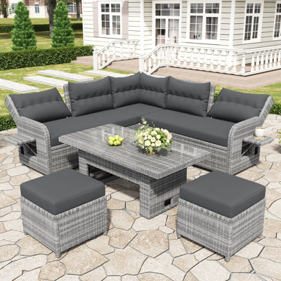 Ensemble de mobilier d'extérieur Ensemble de mobilier de patio en rotin avec table réglable, fauteuils inclinables avec tables d'appoint extensibles et deux repose-pieds pour le patio, la pelouse, la cour arrière, la piscine