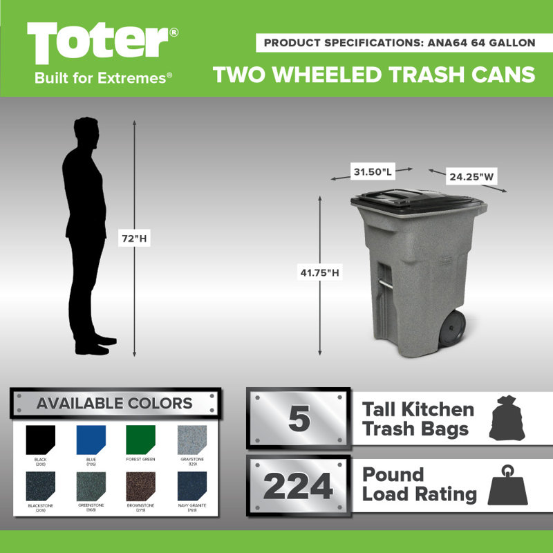Trash Can With Smooth Wheels And Lid, 64 gal., Brown