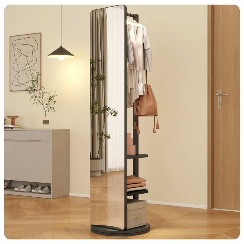 Black Solid Wood Full-Length Mirror with Coat Rack