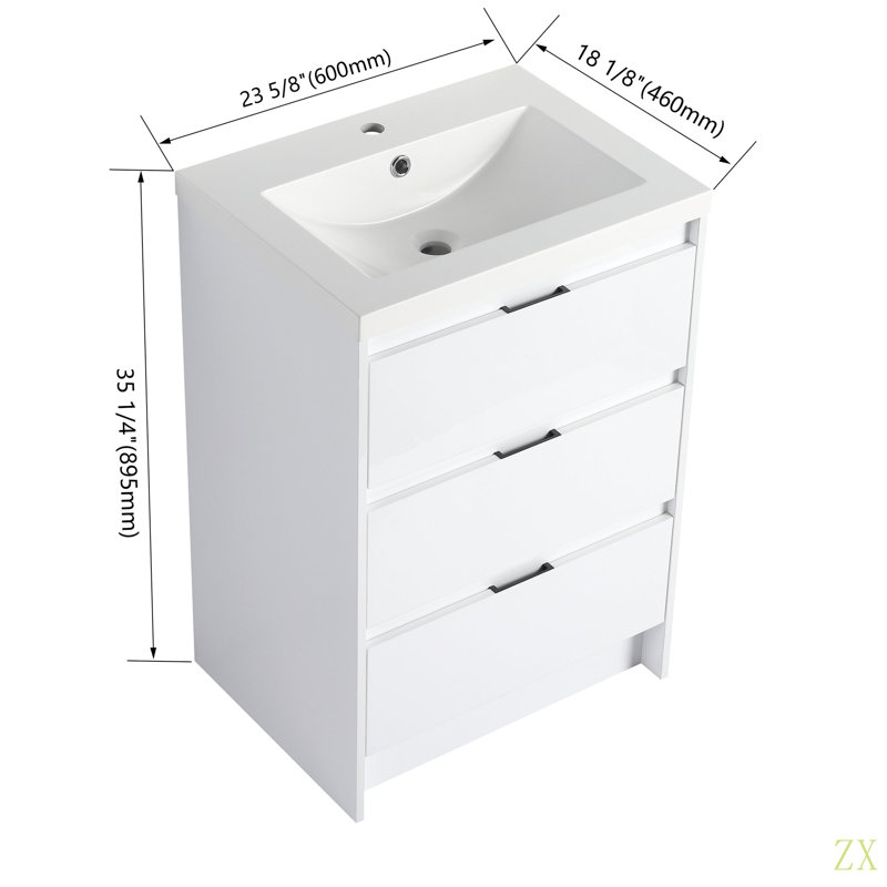 Armoire de salle de bain autoportante 24 po avec lavabo en résine, 3 tiroirs à fermeture en douceur, (emballage KD)