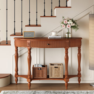Console demi-lune en bois massif avec tiroir et tablette, table d'entrée incurvée à cannelures vintage pour vestibule de couloir, canapé à espace étroit avec pieds sculptés à colonne romaine, brun rustique