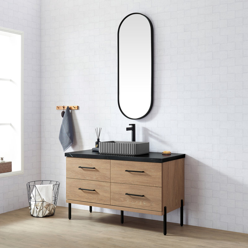Meuble-lavabo simple 48 po Kaminski en chêne nord-américain avec plateau en pierre frittée noire avec lavabo en béton et miroir