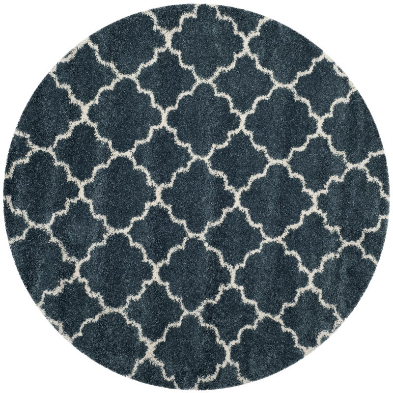 Tapis à poil long à motif géométrique gris, Rond 3 pi, Bleu ardoise / ivoire