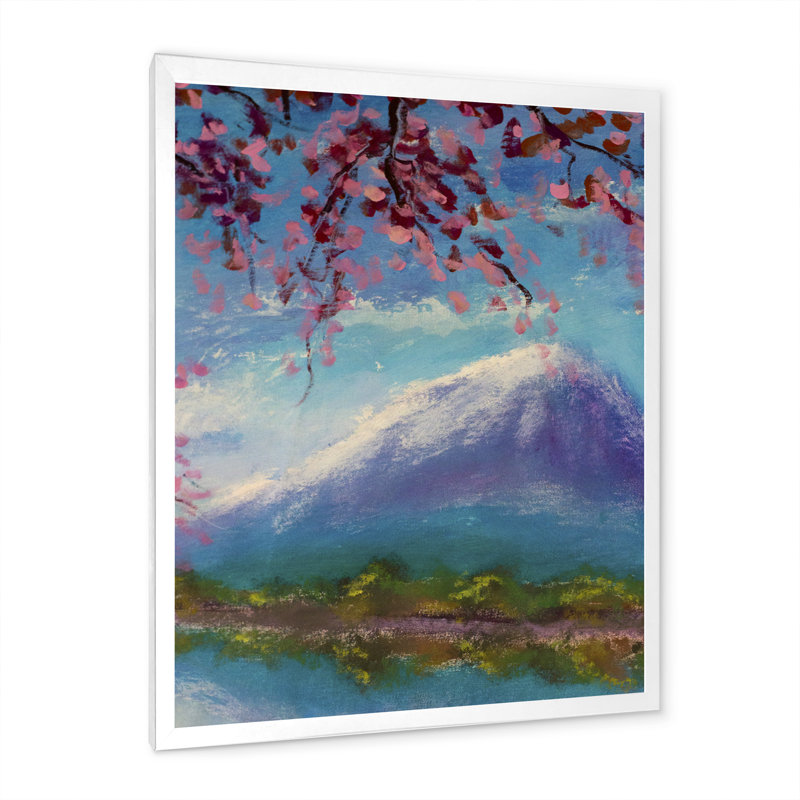 «Pink Sakura Flowers Over Mountain Lake», reproduction d'art sur toile traditionnelle, Toile avec cadre blanc