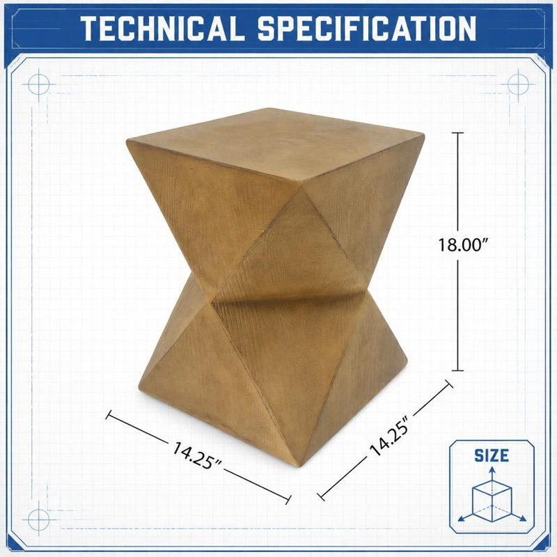 Table d'appoint en béton à symétrie prismatique, avec une texture lisse à grain de bois et une forme géométrique moderne
