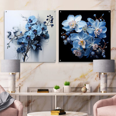 Blue Minimalism Orchid Blossoms In Delicate Abstraction - Orchids Acrylic Wall Art Glass Set Of 2