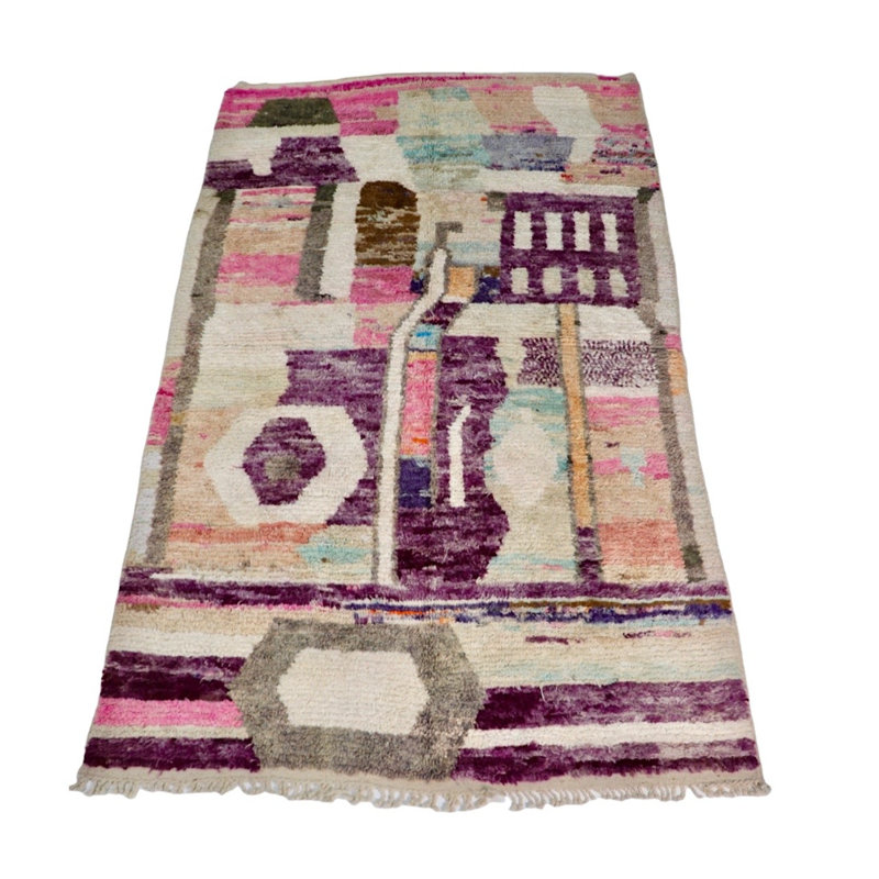 Tapis géométrique brun / mauve / beige en laine à motif géométrique fait à la main 5 pi 9 po x 8 pi 10 po