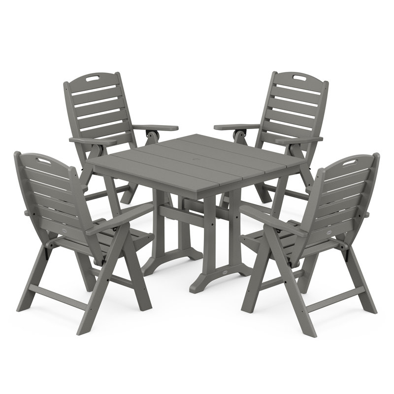 Nautical Folding Highback Chair 5-Piece Farmhouse Trestle Dining Set, Slate Gray