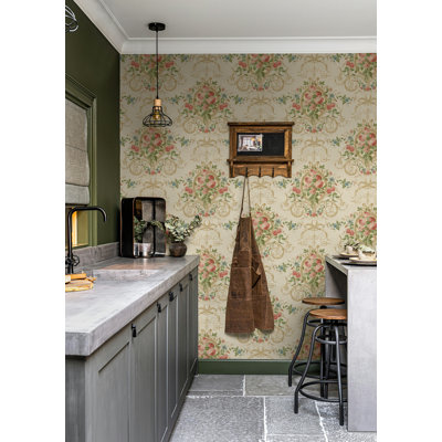  Designs Shortbread & Blue Razz Aurore Floral Cameo Unpasted Wallpaper